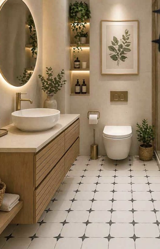 Palazzo Cotto in Parchment on a bathroom floor